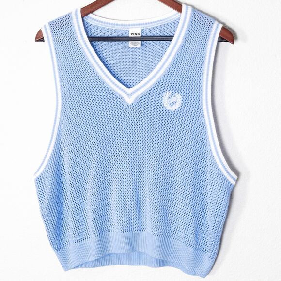 Pink Tops - PINK Knit Varsity Vest Sky Blue White Trim XL Preppy Tenniscore